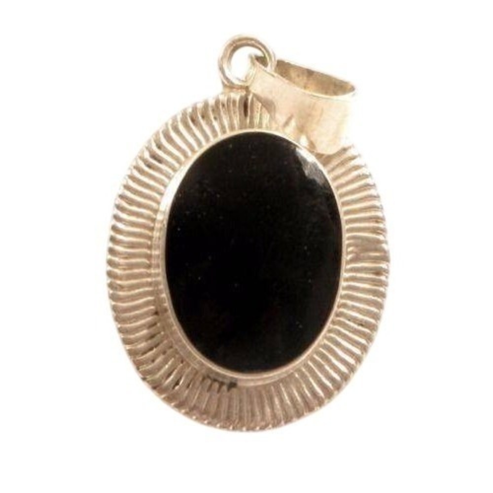 VINTAGE 925 STERLING‎ SILVER BLACK ONYX OVAL SUNBURST RIBBED PENDANT NECKLACE